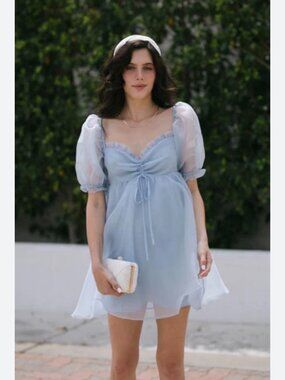 Mable Light Blue Babydoll Mini Dress Off Shoulder Puff Sleeve Size Large